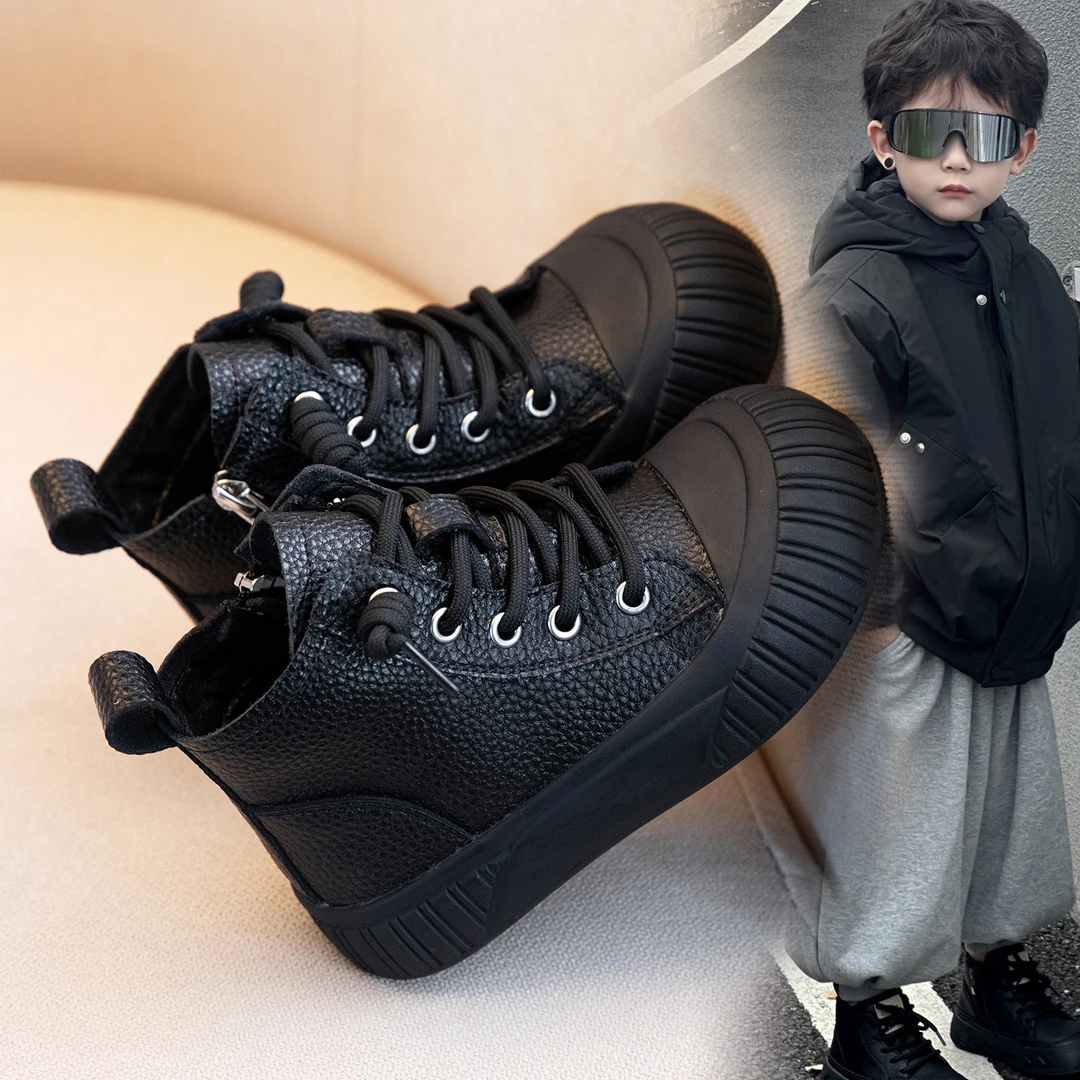 2025潮款儿童鞋冬季加绒百搭休闲童靴男童真皮马丁靴保暖皮棉鞋