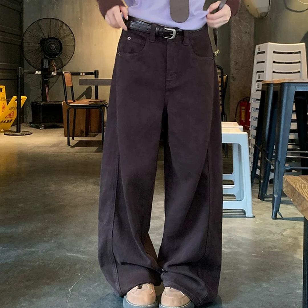 咖色窄版阔腿裤牛仔裤女秋季新款高腰显瘦宽松长裤复古百搭拖地裤