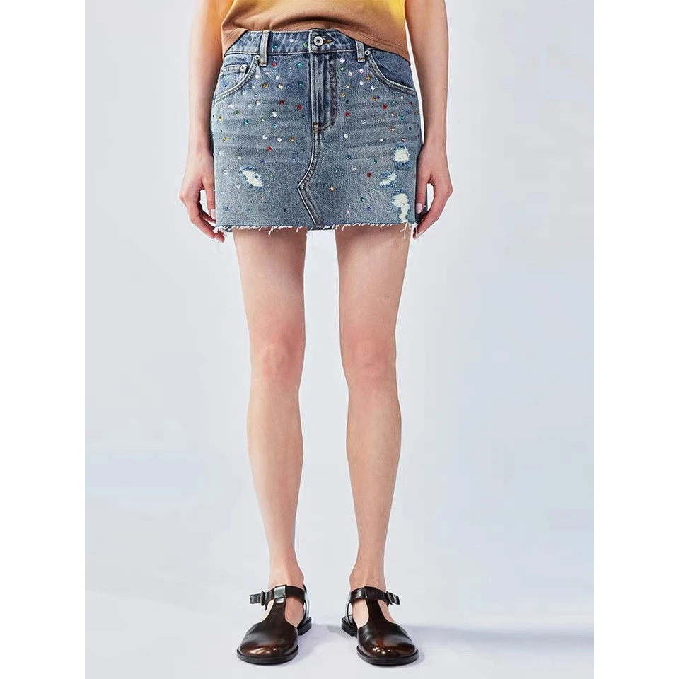 设计师品牌正尾夏季新款烫钻牛仔短裙