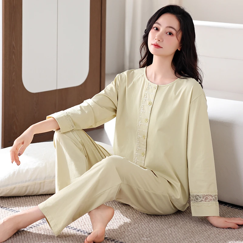 睡衣女春秋纯棉长袖长裤蕾丝开衫高级感莱卡棉韩版宽松家居服套装