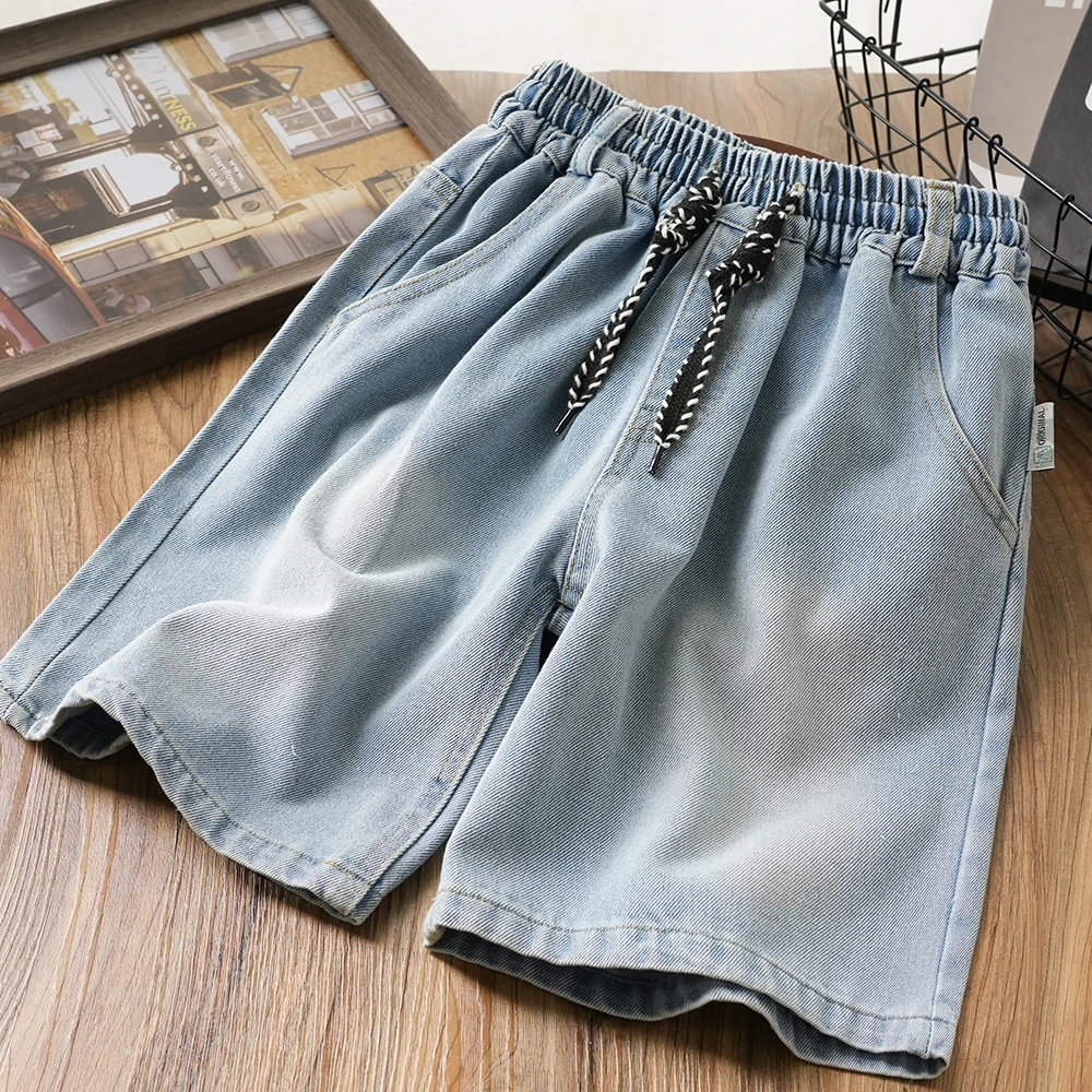 儿童夏季抽绳牛仔短裤彩色字母皮标时尚五分裤中大童百搭S945