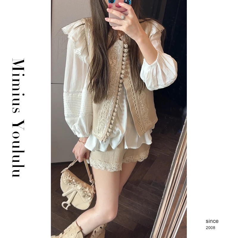【mimius】P 质感美学 重工绣花盘扣马甲+灯笼袖衬衫+短裤 G07417