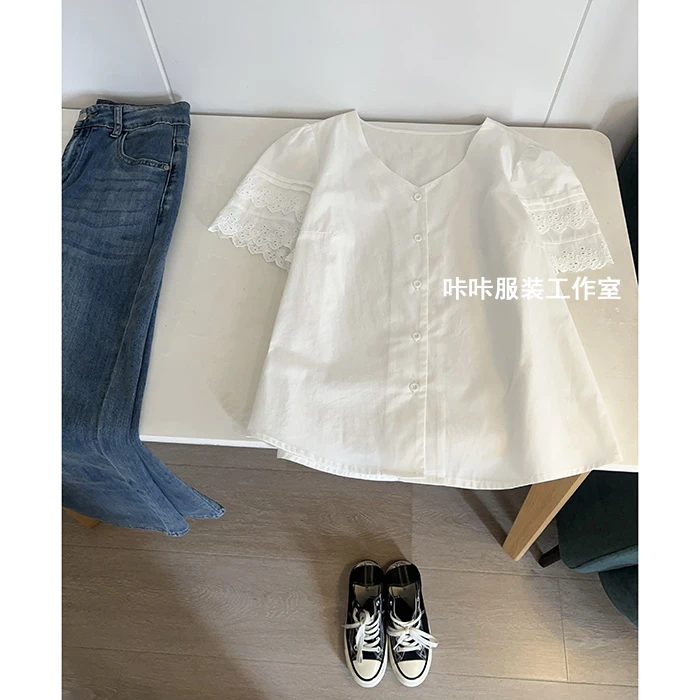 REKAYYAT”元气“100%棉法式显瘦V领拼接复古百搭花边袖短袖衬衣