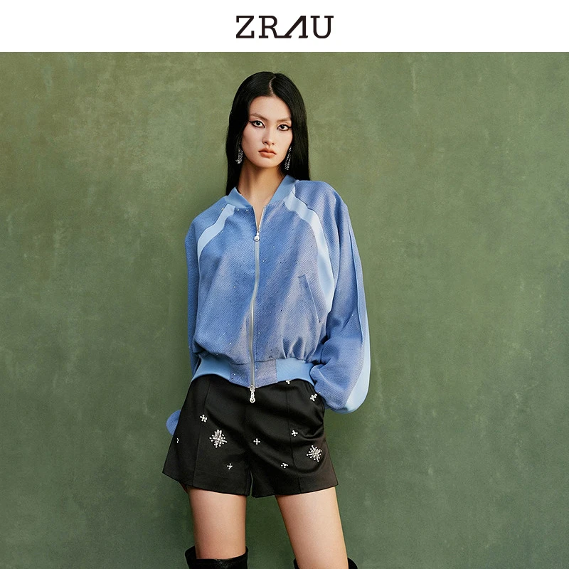 【达人专属】ZRAU新款拼色简约时尚短款卫衣外套Z1243W0014