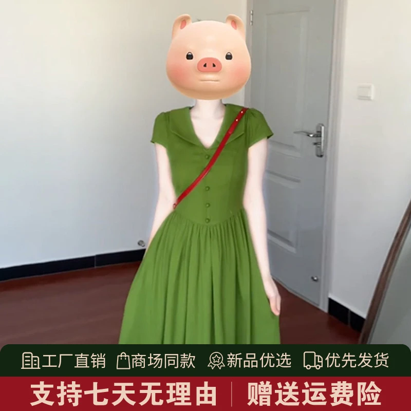 绿色连衣裙子女夏季2025新款巨好看独特漂亮微胖掐腰夏日长裙3528