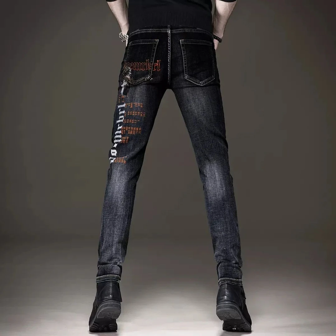 秋季黑色高端印花仔裤男水洗欧美潮牌修身小脚弹力休闲长裤子男