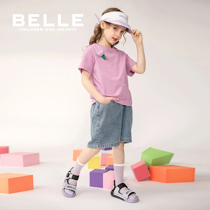 百丽儿童女童运动男童纯棉时尚休闲夏季透气牛仔裤BB0378