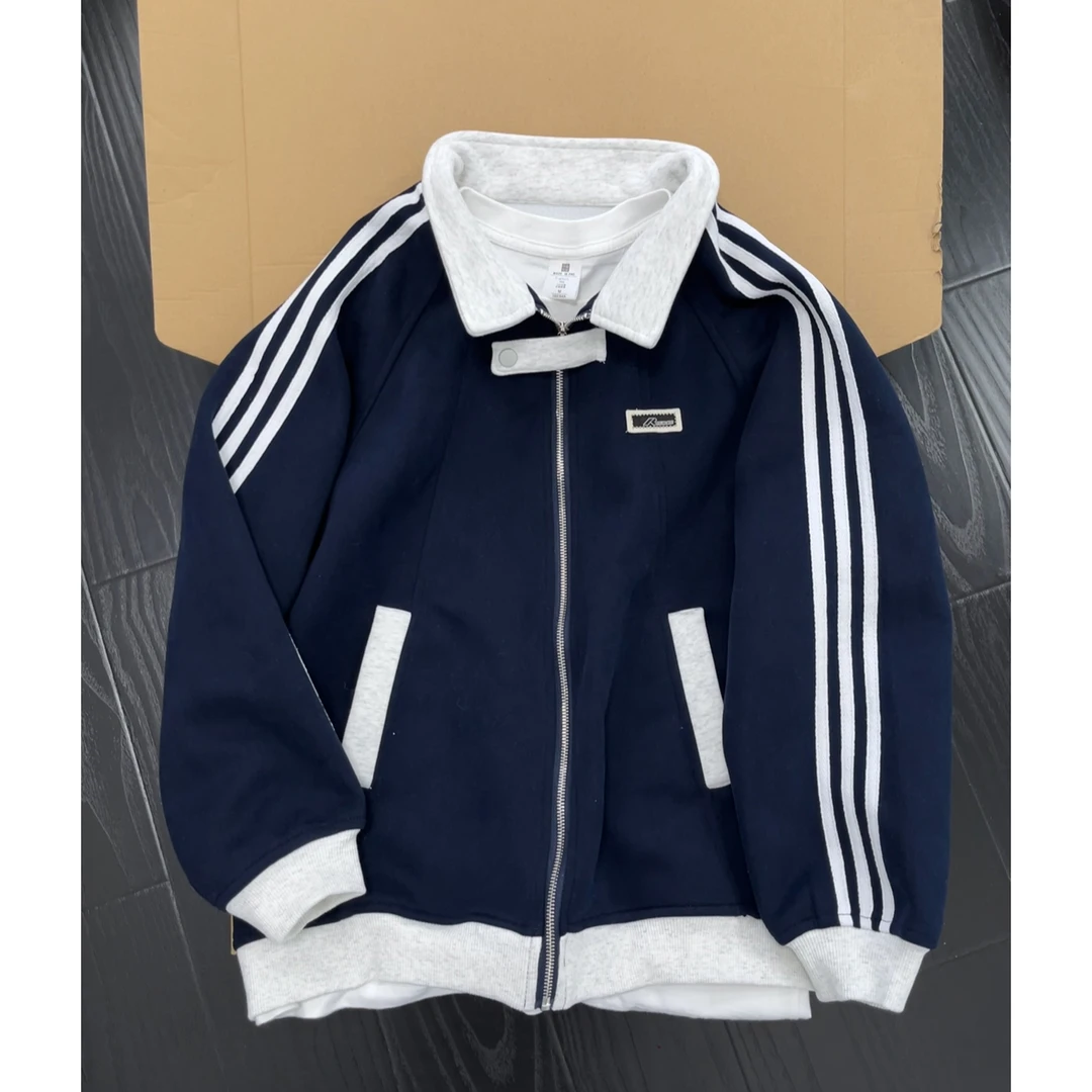 美式撞色条纹运动夹克男女秋季重磅潮牌立领棒球服外套宽松开衫