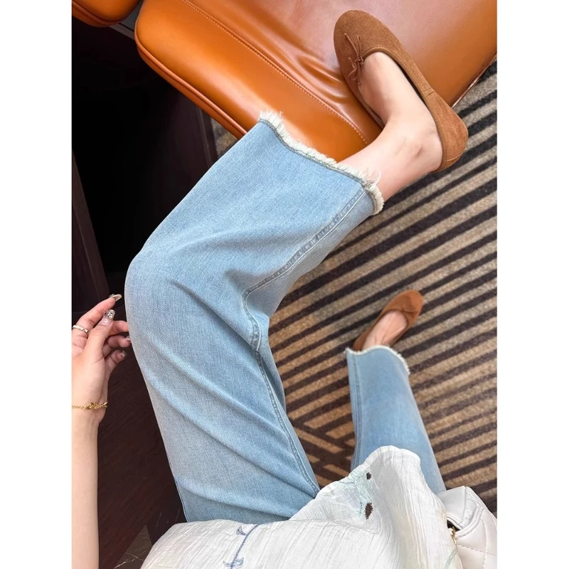 莱赛尔高腰九分直筒牛仔裤女夏季薄款毛边宽松阔腿烟管裤子小个子