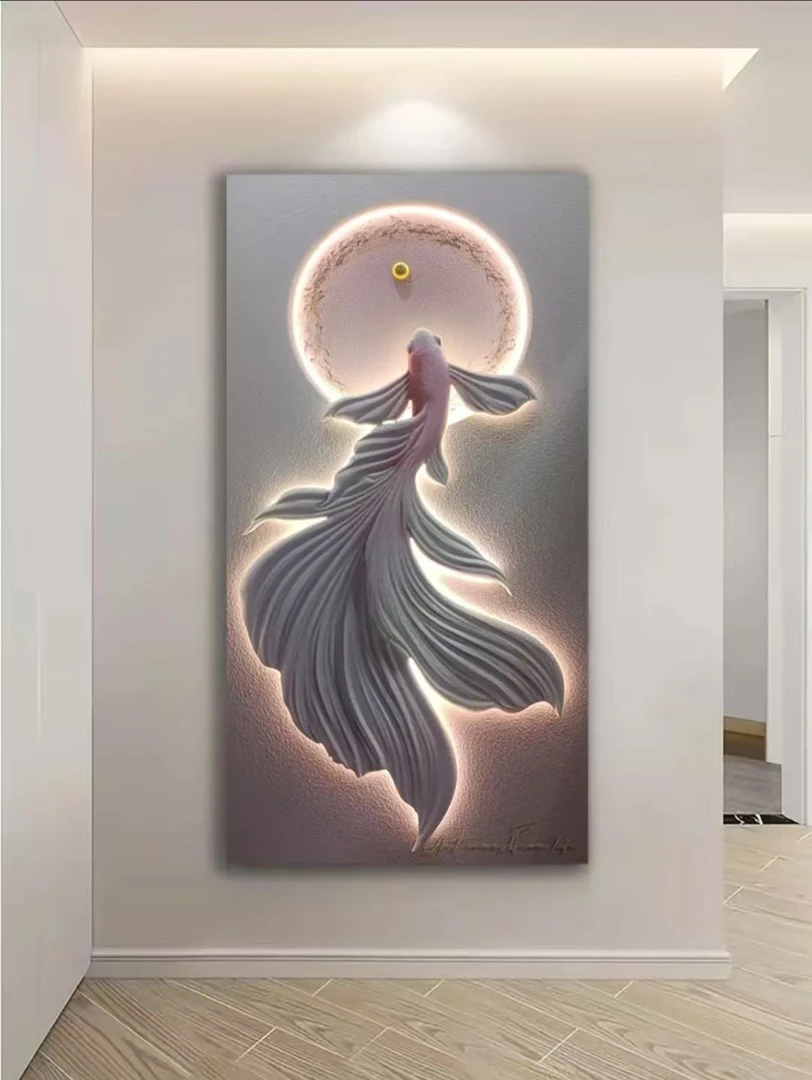 立体浮雕锦鲤鱼 轻奢高档入户挂画 搭配走廊玄关LED灯光画