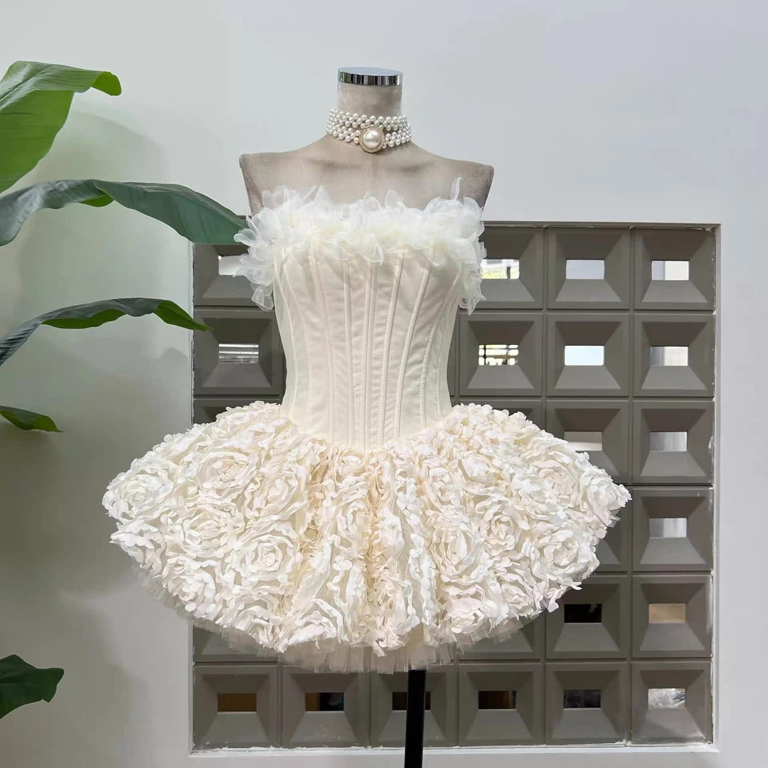 低腰蓬蓬裙抹胸无袖系带连衣裙宴会日常服装蛋糕裙