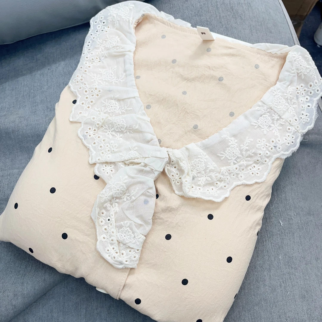 【R567】夏款法式卡其波点短袖短裤+长裤三件套+胸垫【开衫款】