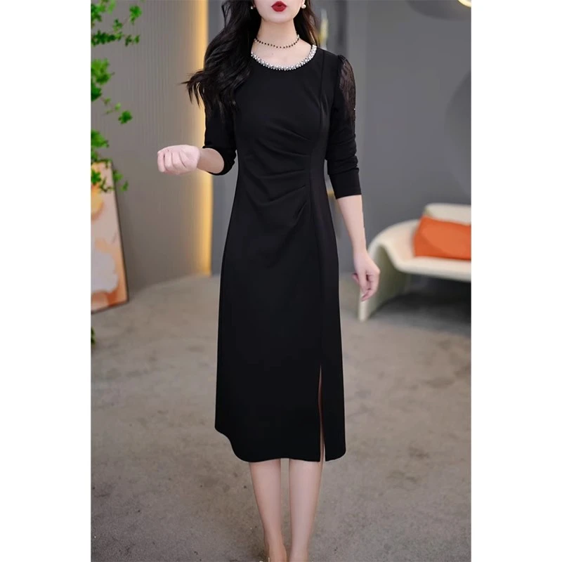 贵夫人时尚修身长袖连衣裙女2025春秋新款气质妈妈收腰显瘦长裙子