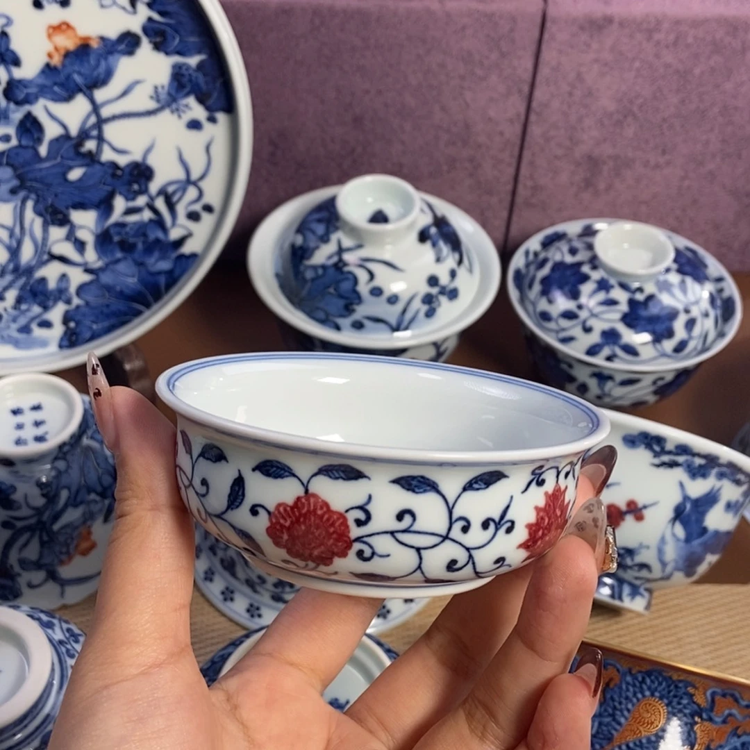 陶阳春白雪釉里红四季花炉式杯