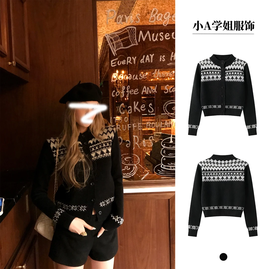 费尔岛雪夜 黑色修身毛衣开衫女2025冬季新款保暖短款上衣