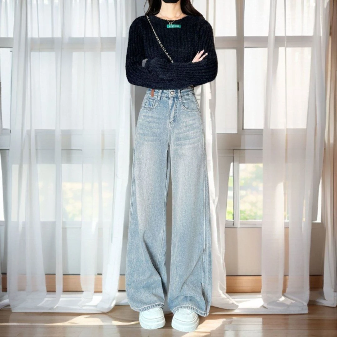 显瘦高腰薄款直筒牛仔裤2025新款学院风棉锦纶水洗通用浅蓝色