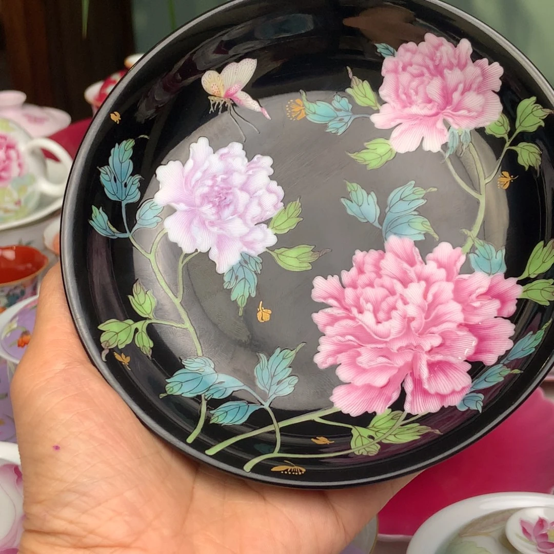 茶***茶景德镇牡丹花呀黑底壶承