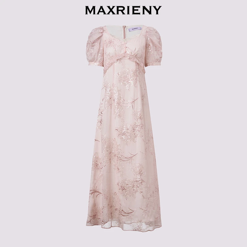 MAXRIENY精致优雅织带蕾丝连衣裙法式收腰欧若风2025春季新款