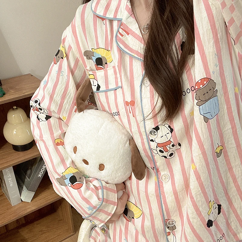 日系ins少女感可爱粉纹斑点狗睡衣春秋季长袖长裤外穿家居服套装