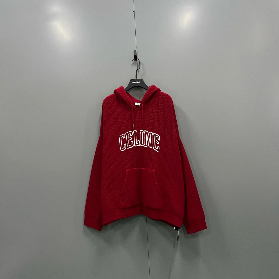 未使用 Celine/思琳 (ll) 红色字母刺绣针织帽衫 XXL码/016841