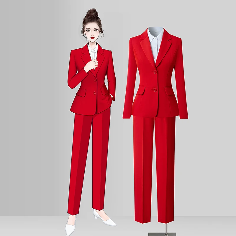 红色西装套装女高端西服外套播音主持人正装工装职业装气质工作服