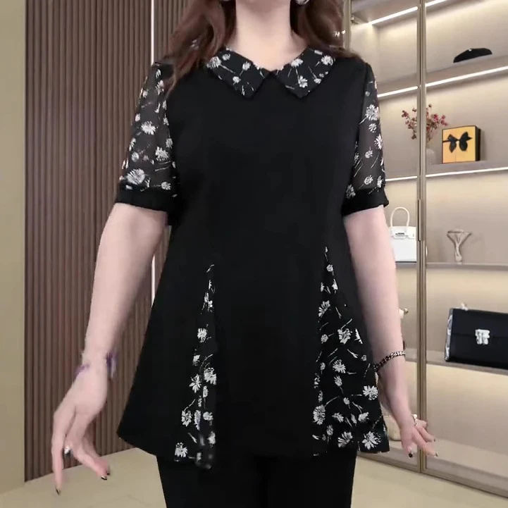 夏季新款休闲大码碎花拼接衬衫上衣气质显瘦女装240731