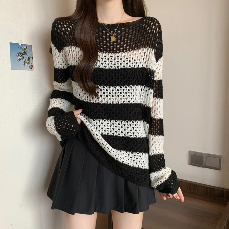 现货~实拍大码早秋显瘦新款高级感时尚减龄宽松镂空条纹针织上衣