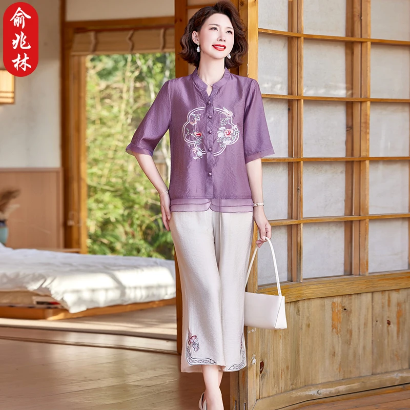 母亲节妈妈夏装新中式套装新款中老年人女夏季国风短袖上衣两件套