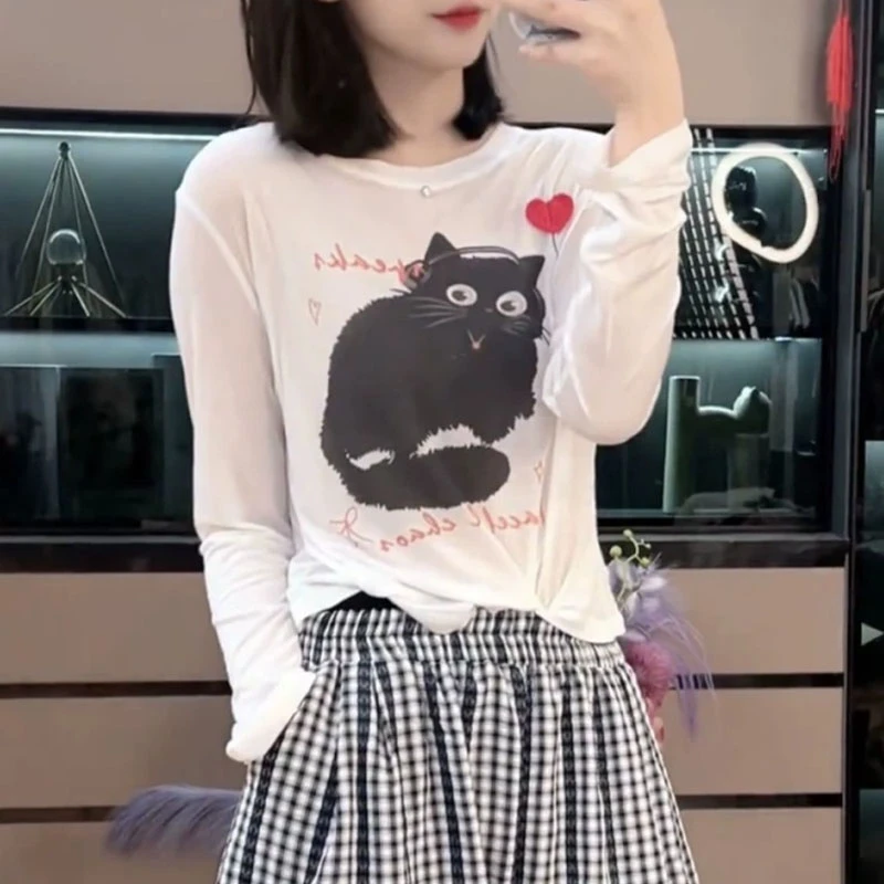 卡通圆领AB面煤球小猫印花长袖T恤女夏季新款薄款透气防晒上衣潮
