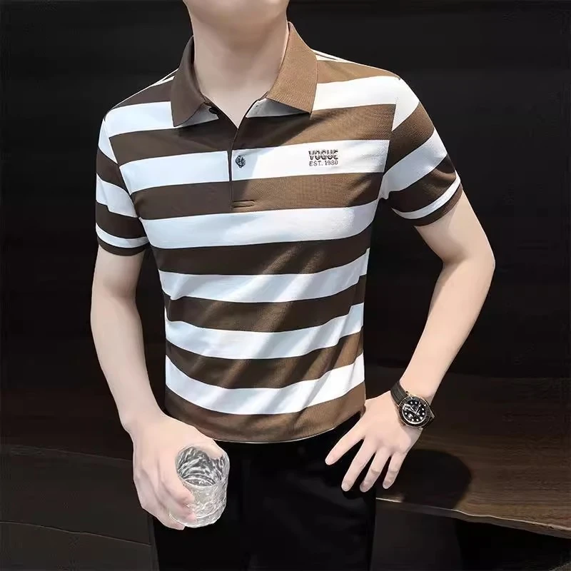 条纹短袖POLO衫男士夏季时尚2025新款男款痞帅刺绣有轻奢痞帅男装