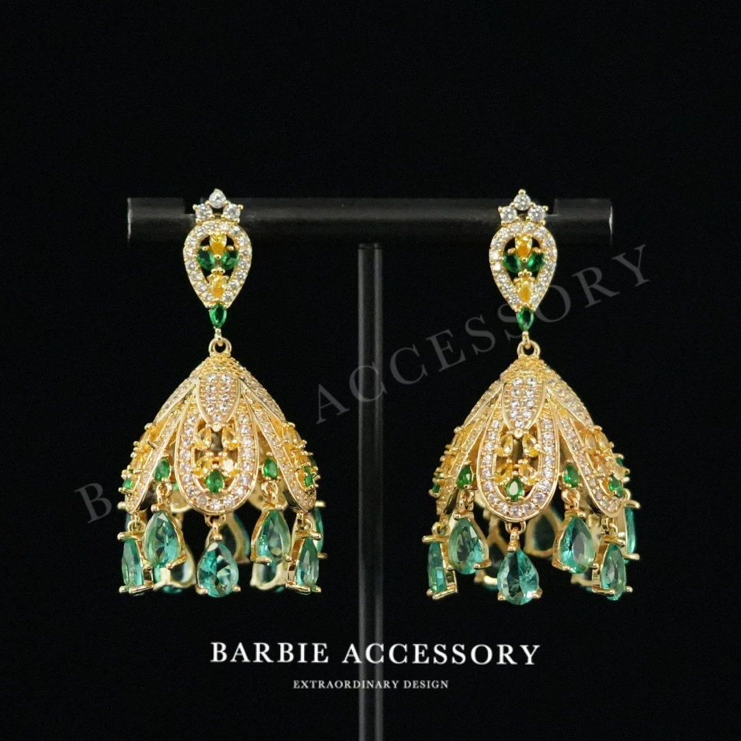 铜合金合成锆石耳饰 【绿星光铃】复古法式设计款高级绝美百搭耳环