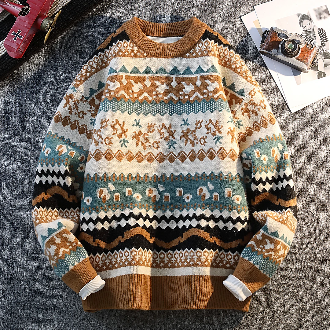 焦糖色费尔岛风毛衣男民族风提花套头针织衫中学生内搭加厚毛线衣