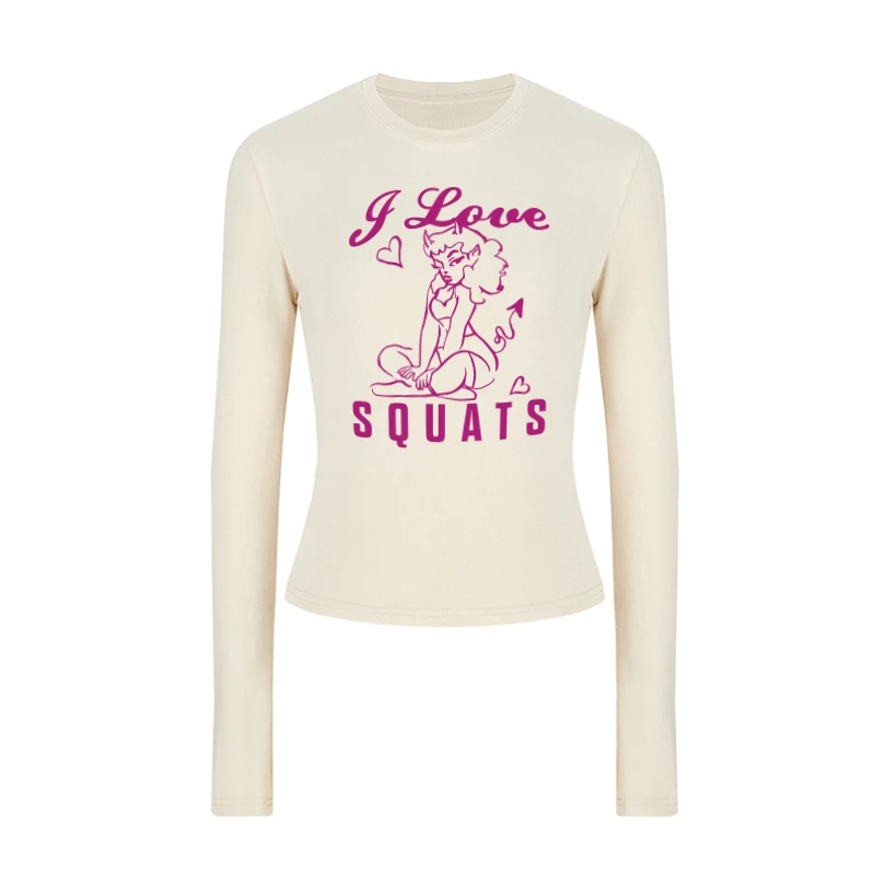 鲨鱼小魔女欧美圆领健身T恤长袖运动休闲上衣高弹力吸汗透气秋冬