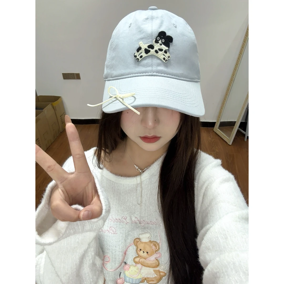 日系可爱小狗棒球帽子百搭显脸小，户外遮阳时尚小蝴蝶结鸭舌帽子