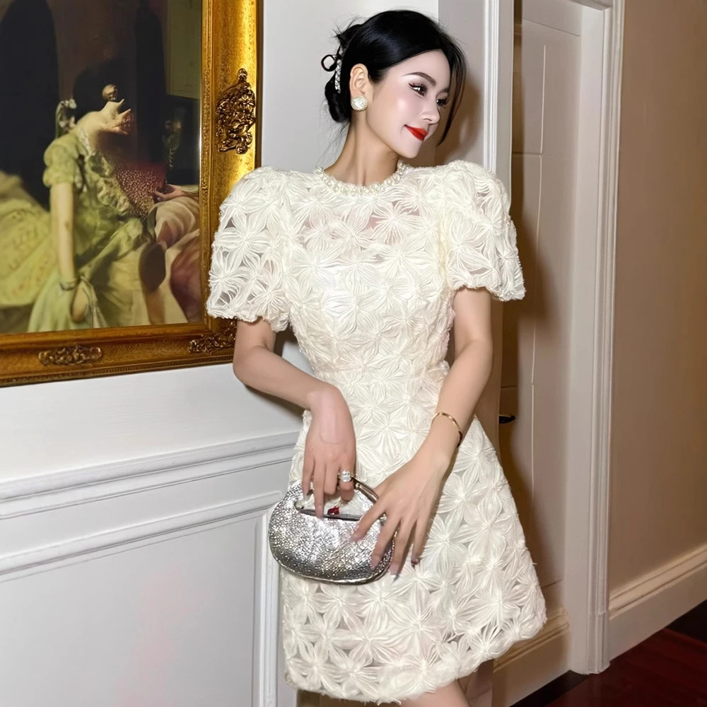 名媛风白色立体花朵小香款夏季连衣裙夏日短袖高腰A字裙女轻奢