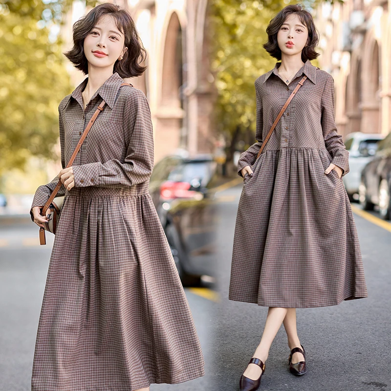 格子长袖休闲风休闲常规连衣裙2025秋季秋装小香风muji风时尚气质