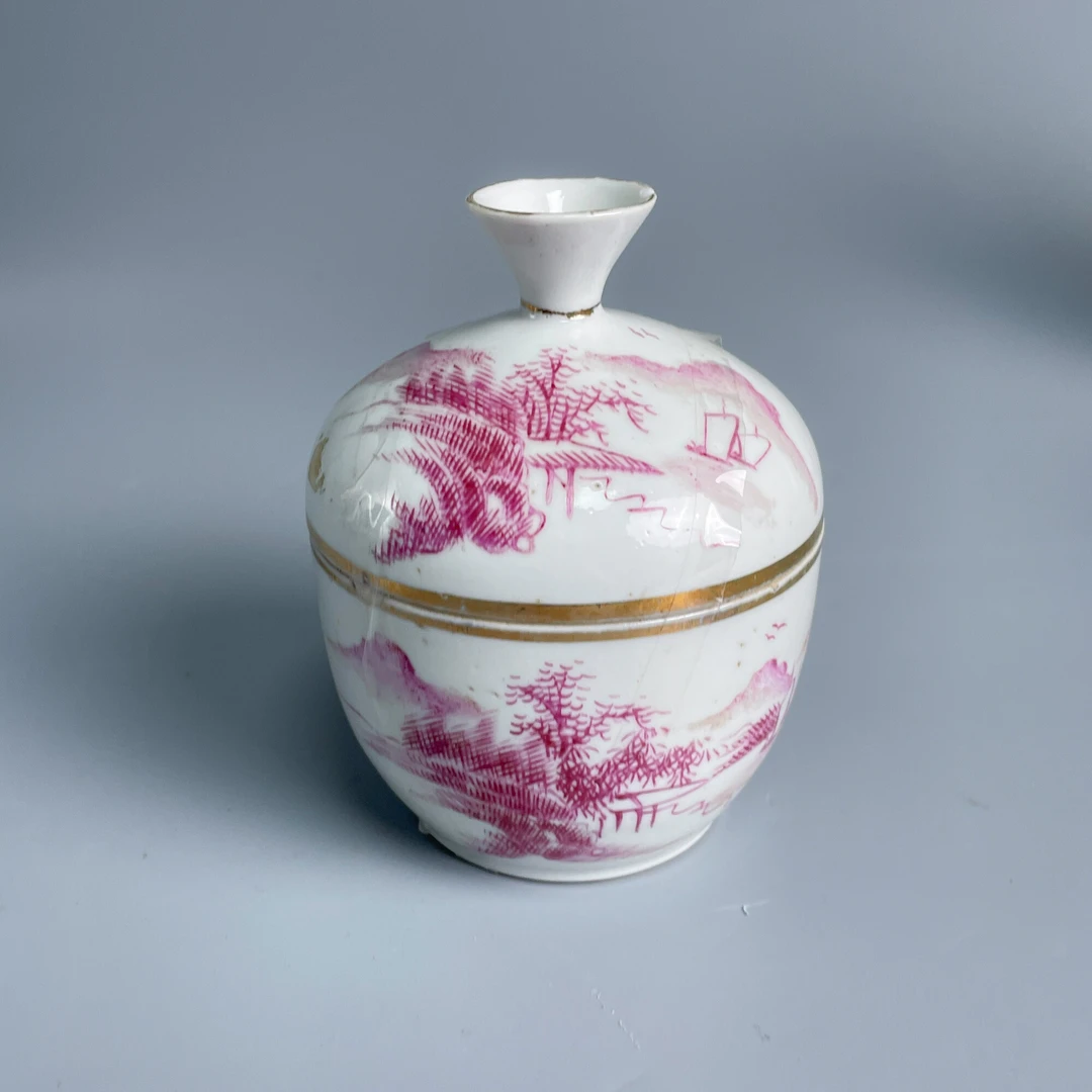 瓷器/古董民国胭脂水山水纹盖缸M25CR001809古玩收藏/文物/绣花张