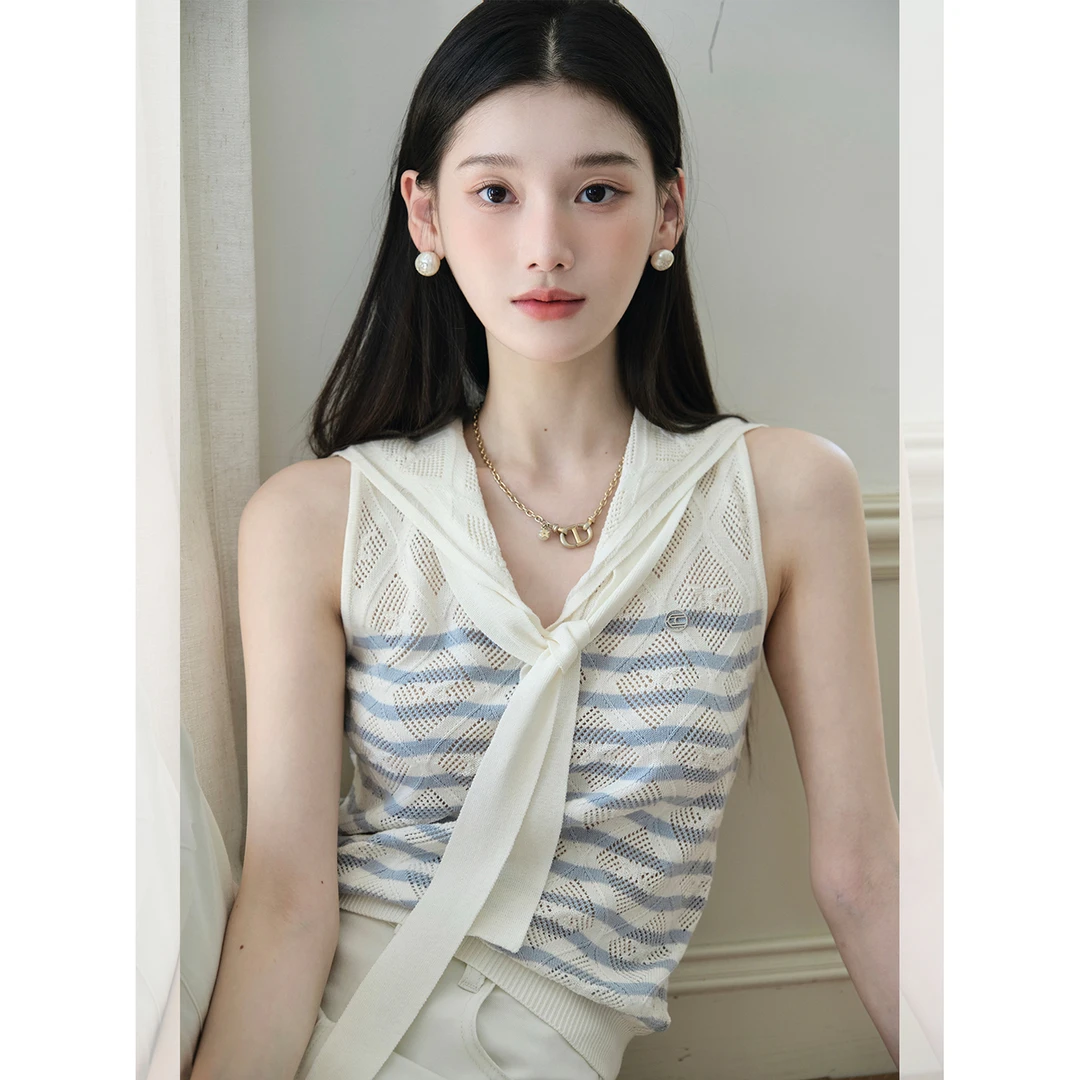 且可ChillCozy 巡游记 羊毛&亚麻&棉无袖海军领针织衫