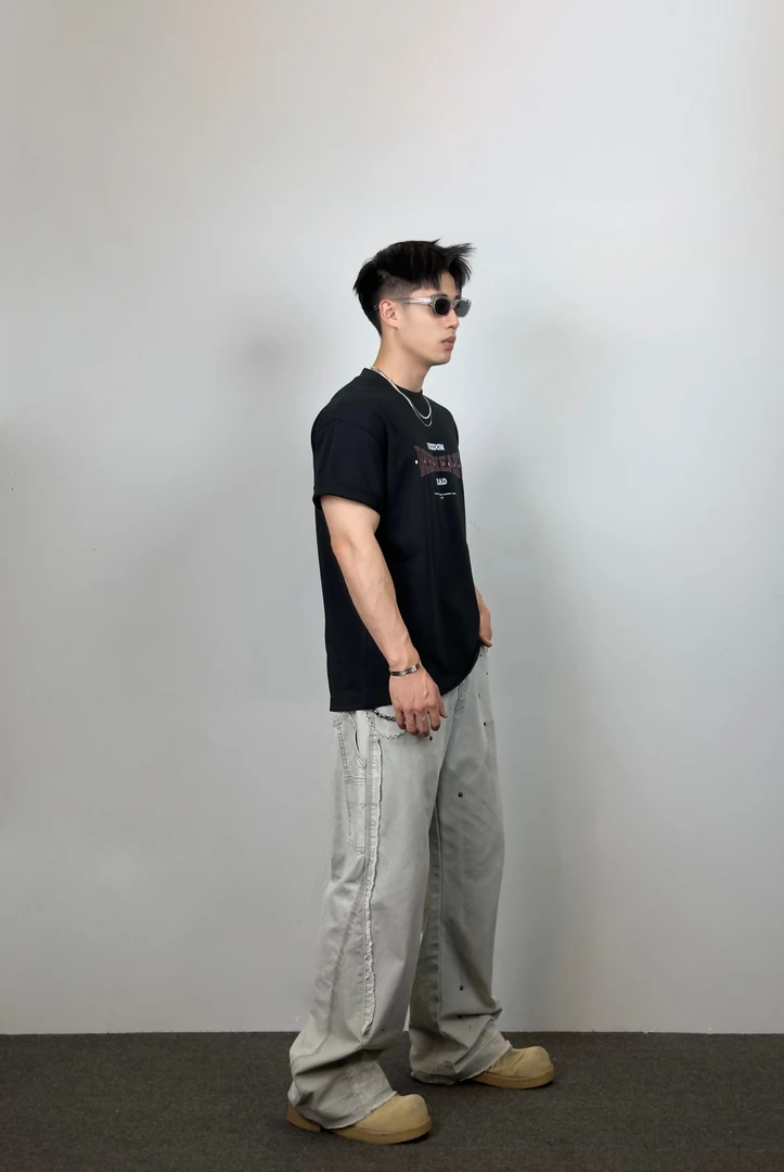 320G重磅纯棉简约字母t恤男vintage五分袖数码直喷透气潮牌短袖