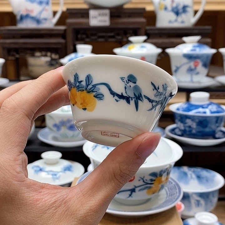 手绘喜柿图马蹄杯60cc釉下彩微瑕福利款