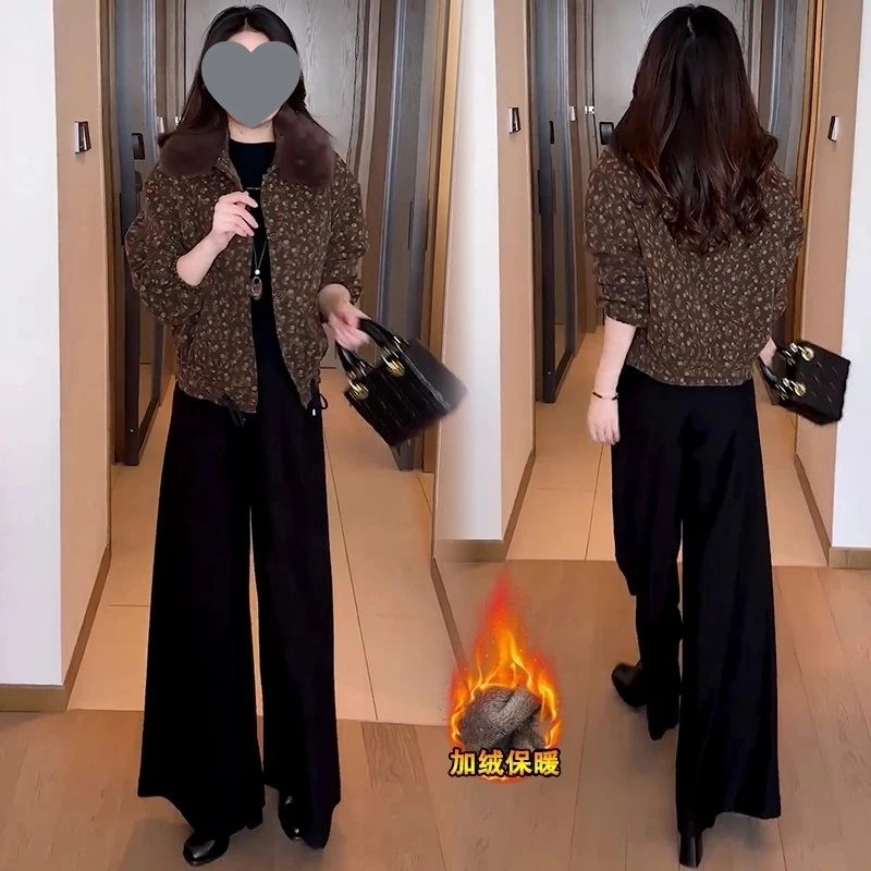 时尚休闲加绒加厚短款外套女冬季新款洋气百搭保暖大毛领印花夹克