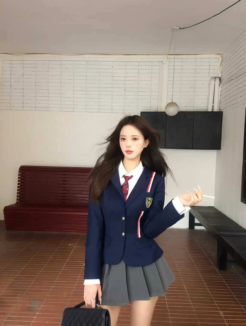 清潭女高 秋季新款学院风外套撞色织带设计徽章西装上衣半裙套装