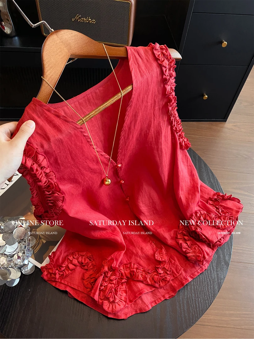 纯欲风褶皱木耳边拼接V领亚麻衬衫女2025夏新款甜美减龄开衫上衣