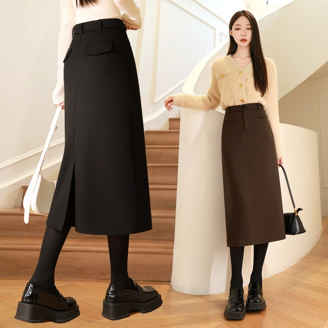 毛呢直筒半身裙女春秋冬季2025新款高级感黑色中长款咖色包臀长裙