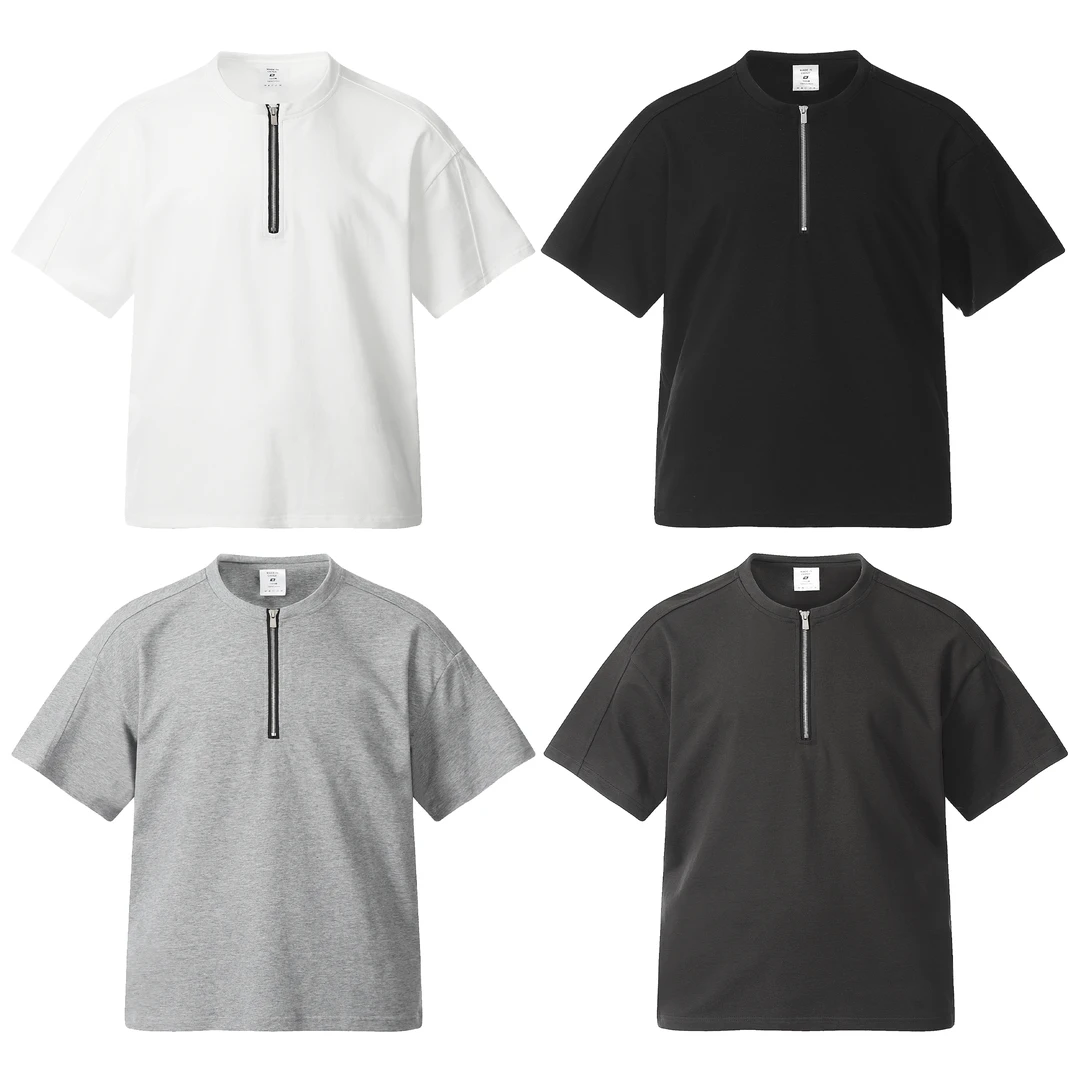 bobo姐 男士美式休闲复古cleanfit宽松半拉链夏季落肩短袖T恤