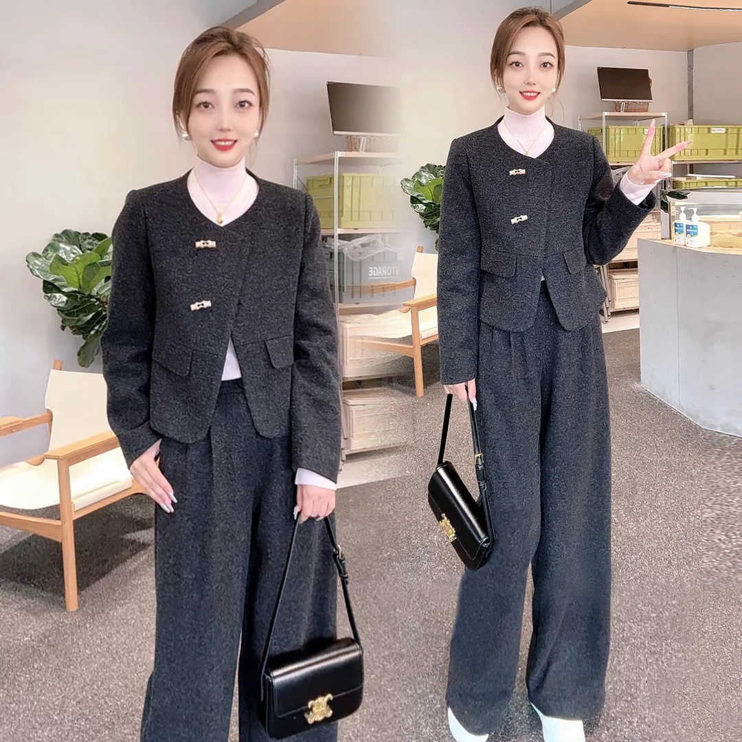时尚小香风套装女2025秋季新款时髦网红毛呢短外套阔腿裤两件套潮
