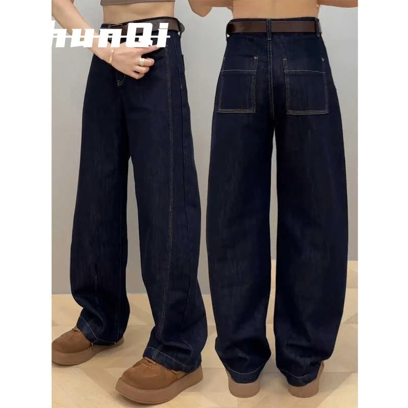 淳启大码弯刀牛仔裤女香蕉裤窄版阔腿裤百搭胖mm宽松镰刀拖地长裤