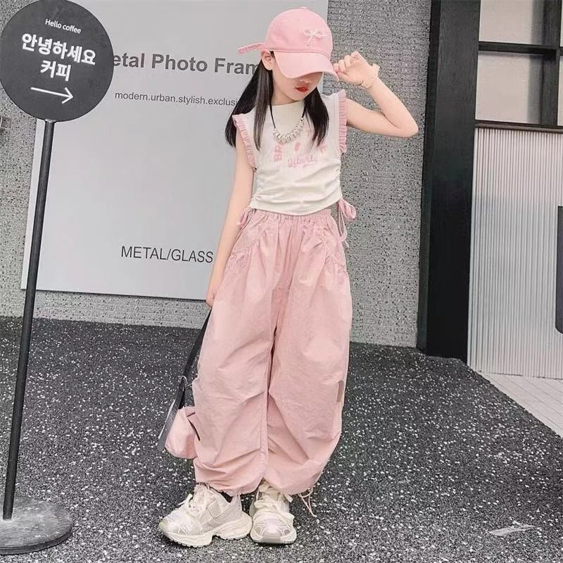 CSC2070女童套装2024新款韩版洋气飞袖T恤薄款潮流工装裤两件套