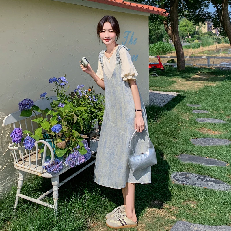 韩系渐变色背带裙女2025新款夏季学生遮肉显瘦减龄连衣裙两件套装