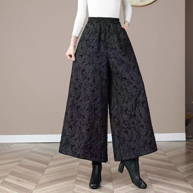 秋冬新款国风中式气质提花阔脚裤2025新款显瘦休闲松紧高腰直筒裤